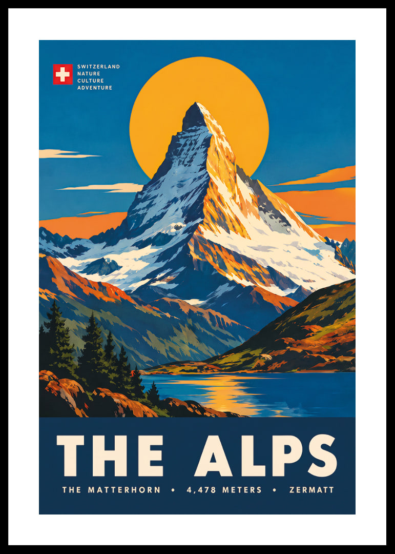 Tyylitelty Matterhorn-juliste lämpimin auringonlaskun sävyin klassisella alppitunnelmalla.-12