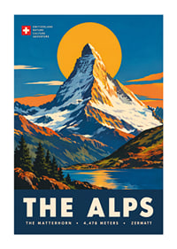 Tyylitelty Matterhorn-juliste lämpimin auringonlaskun sävyin klassisella alppitunnelmalla.-1