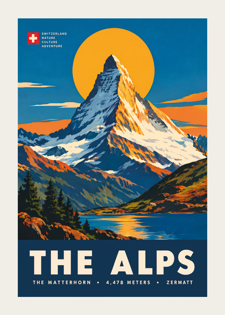 Tyylitelty Matterhorn-juliste lämpimin auringonlaskun sävyin klassisella alppitunnelmalla.-12