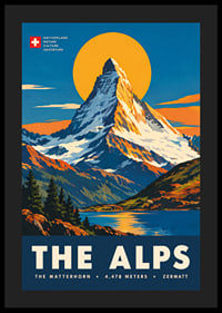 Tyylitelty Matterhorn-juliste lämpimin auringonlaskun sävyin klassisella alppitunnelmalla.-4