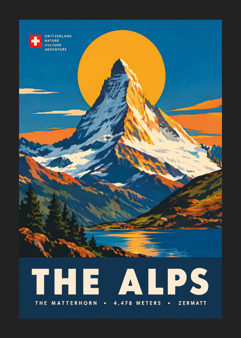 Tyylitelty Matterhorn-juliste lämpimin auringonlaskun sävyin klassisella alppitunnelmalla.-12