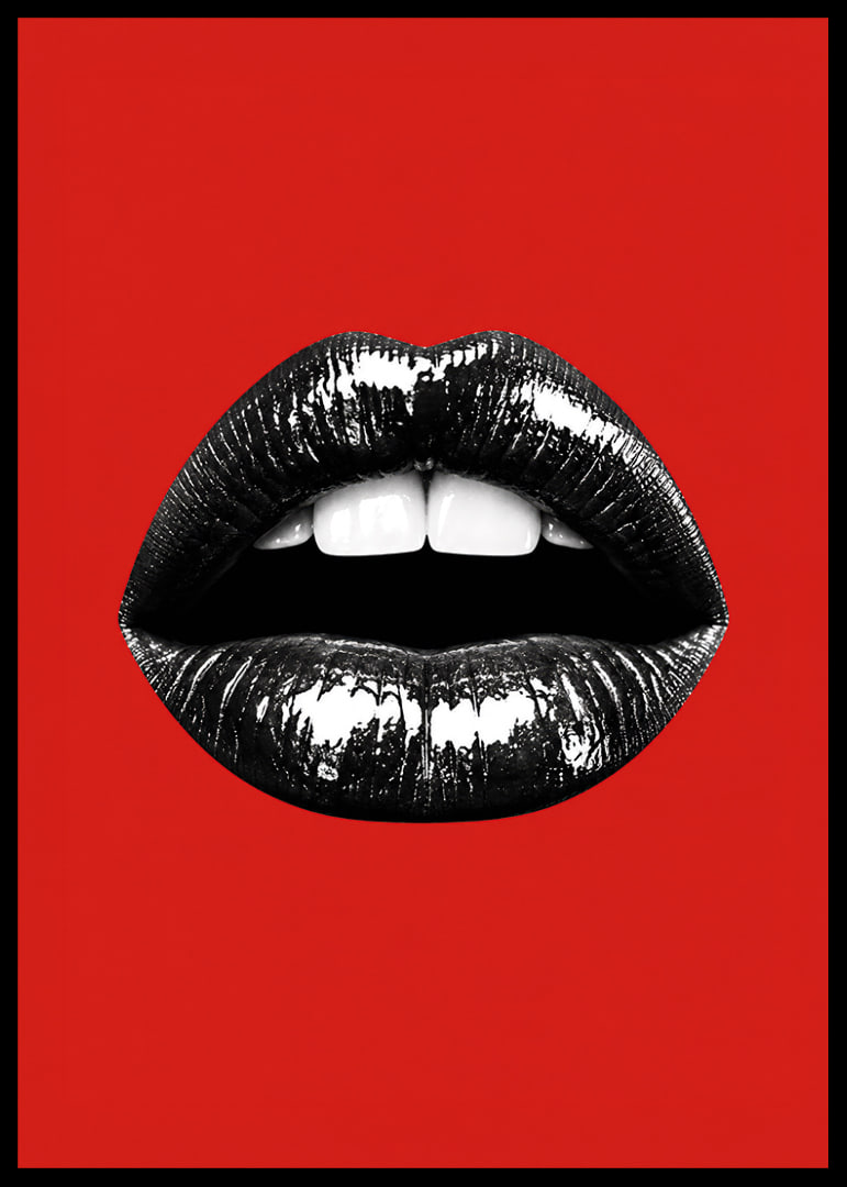 Glossy black lips against a red base create a bold and glamorous feel.-12