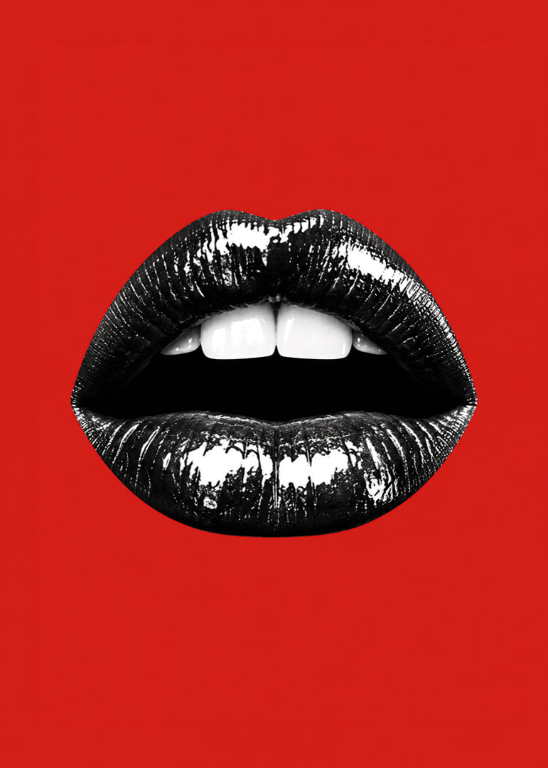 Glossy black lips against a red base create a bold and glamorous feel.-12