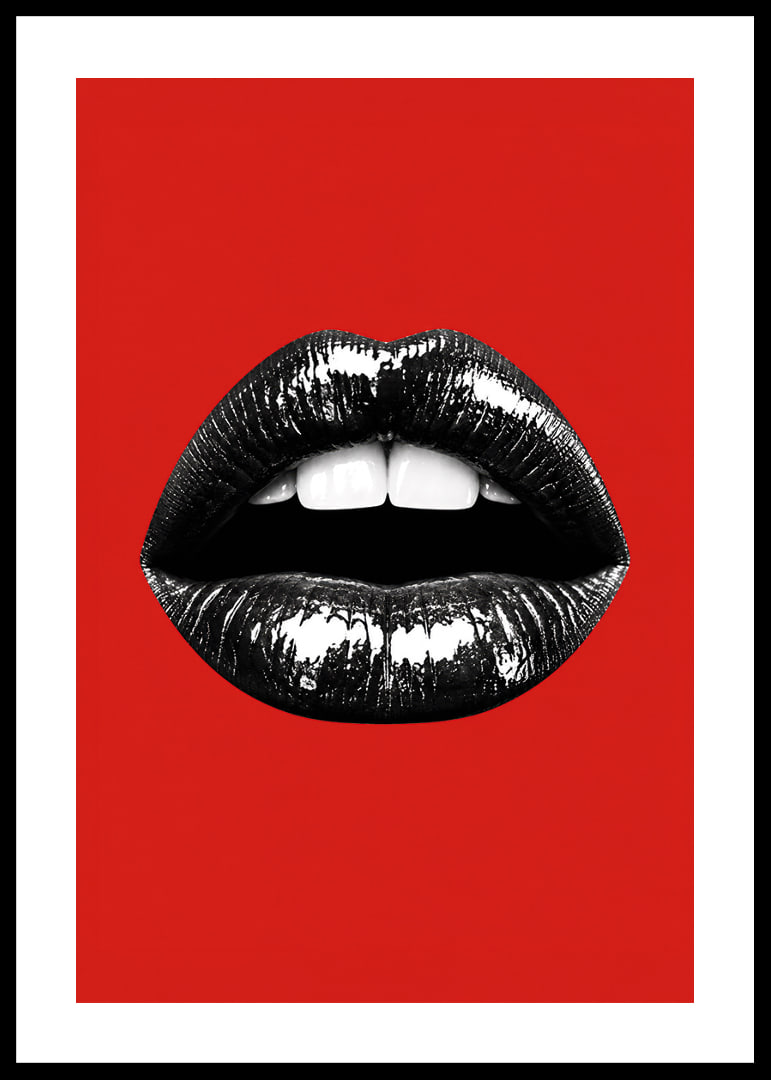 Glossy black lips against a red base create a bold and glamorous feel.-12