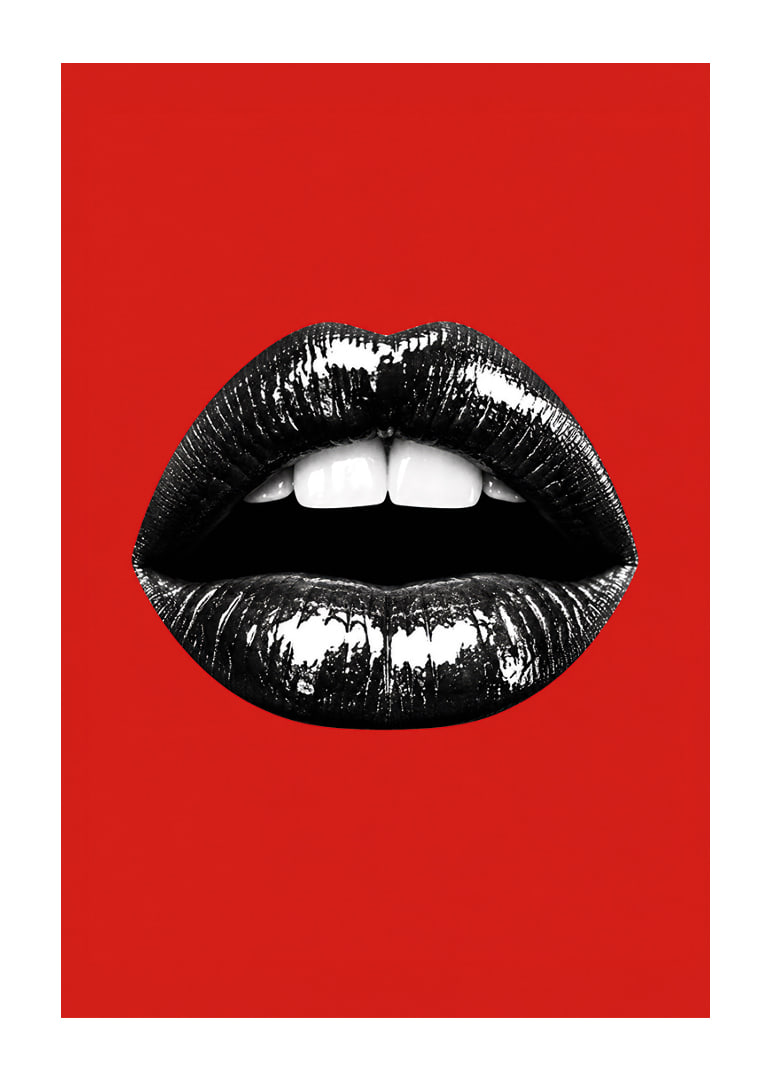 Glossy black lips against a red base create a bold and glamorous feel.-12