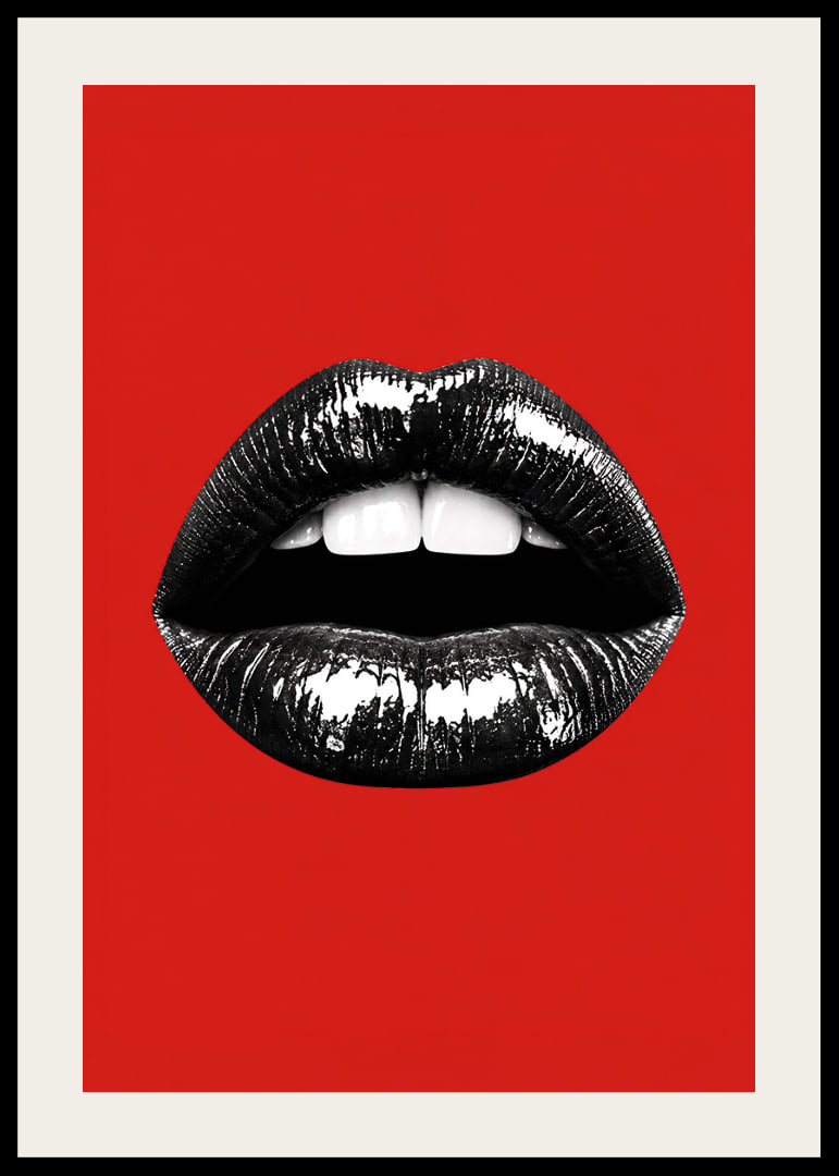 Glossy black lips against a red base create a bold and glamorous feel.-12