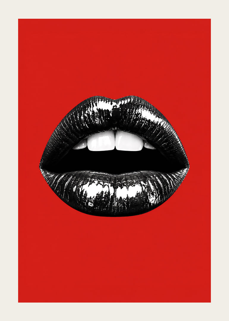 Glossy black lips against a red base create a bold and glamorous feel.-12