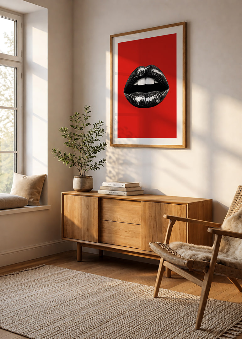 Glossy black lips against a red base create a bold and glamorous feel.-12
