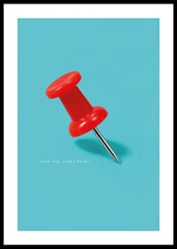 A shiny red pushpin against a turquoise background with a playful graphic feel.-0