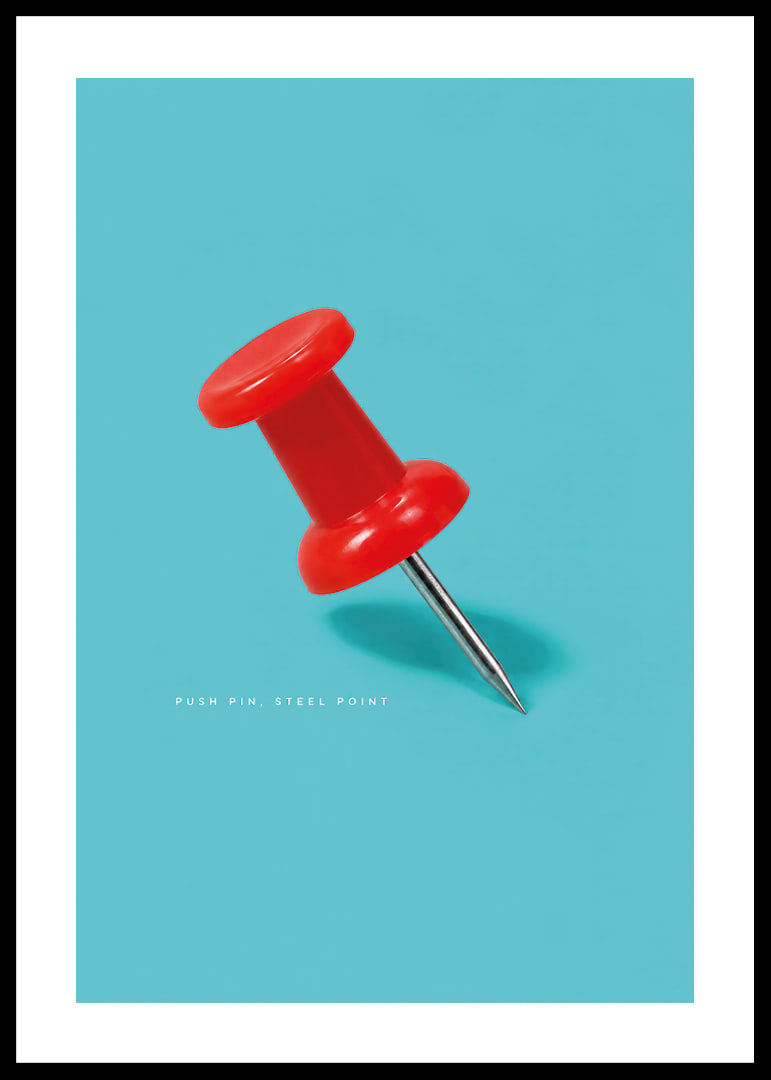 A shiny red pushpin against a turquoise background with a playful graphic feel.-12