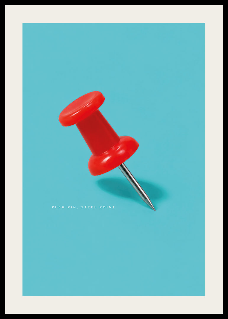 A shiny red pushpin against a turquoise background with a playful graphic feel.-12