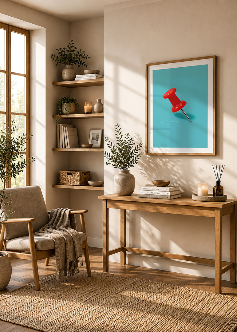 A shiny red pushpin against a turquoise background with a playful graphic feel.-12