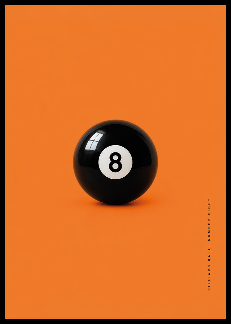 A shiny black eight-ball against an intense orange background with confident energy.-12