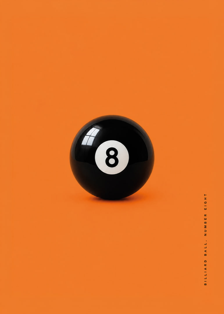 A shiny black eight-ball against an intense orange background with confident energy.-12