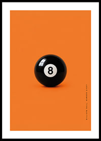 A shiny black eight-ball against an intense orange background with confident energy.-0