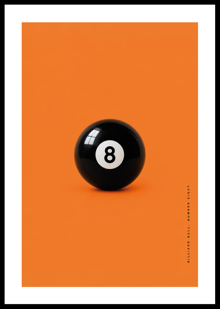 A shiny black eight-ball against an intense orange background with confident energy.-12