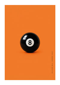 A shiny black eight-ball against an intense orange background with confident energy.-1