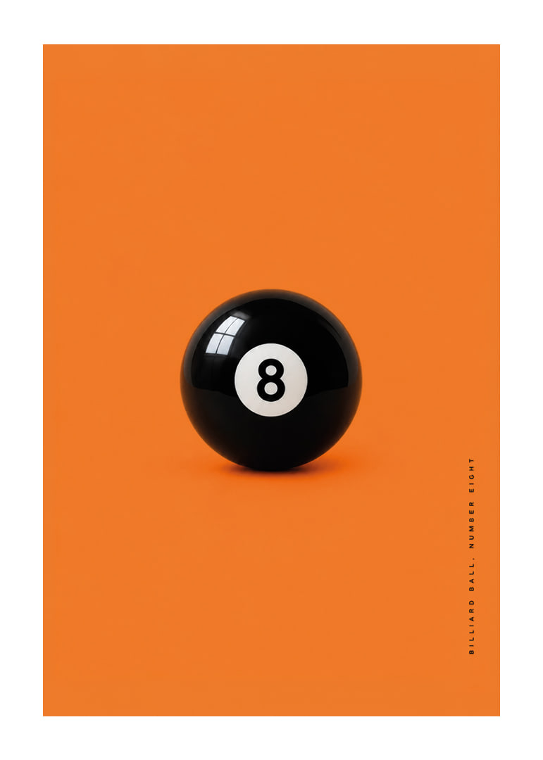 A shiny black eight-ball against an intense orange background with confident energy.-12