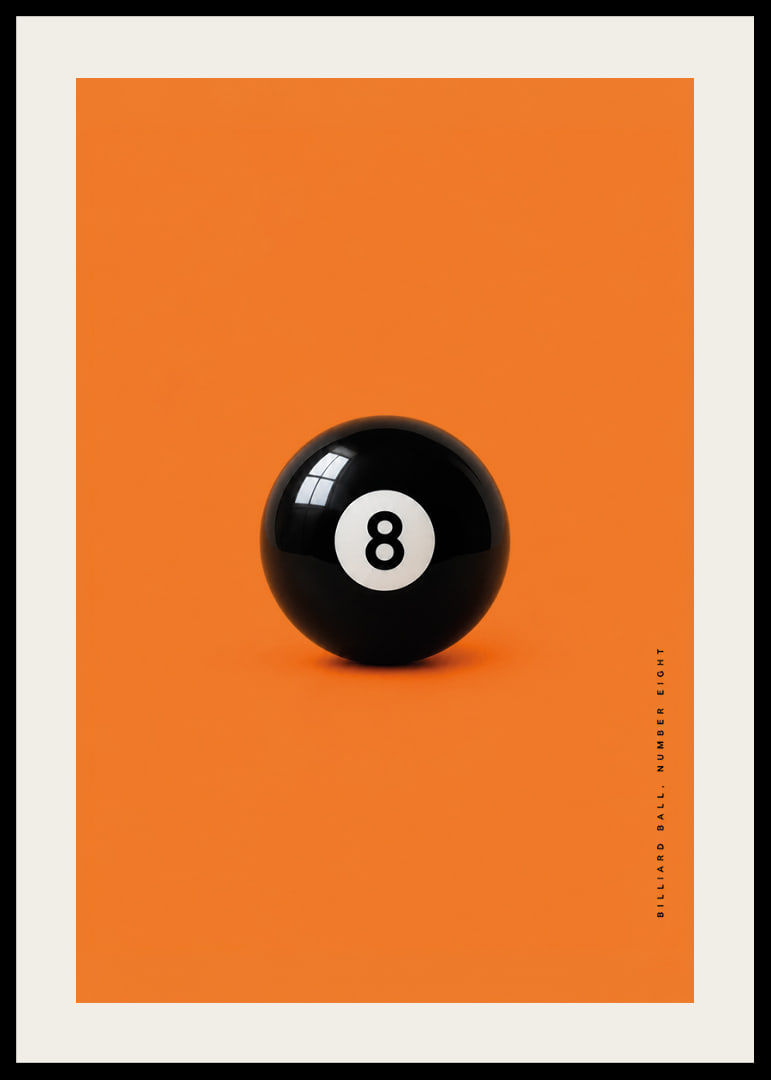 A shiny black eight-ball against an intense orange background with confident energy.-12