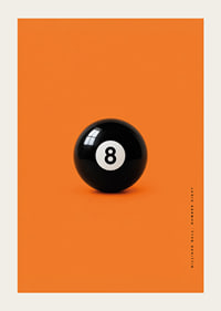 A shiny black eight-ball against an intense orange background with confident energy.-3