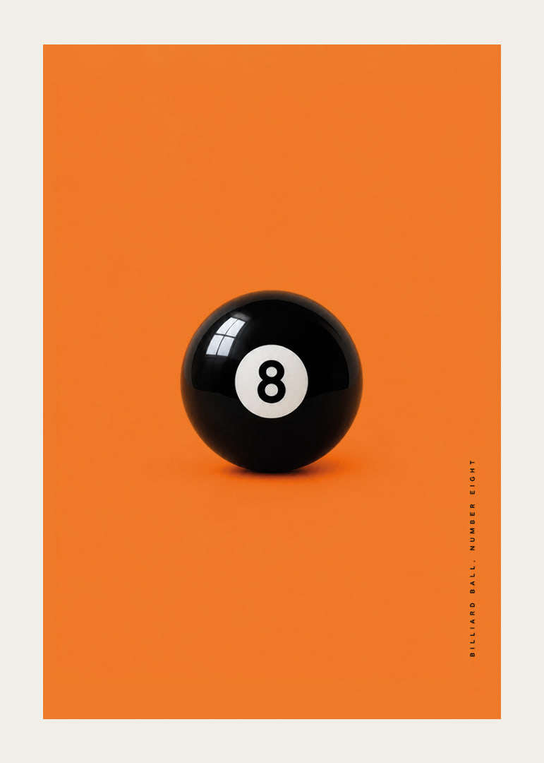A shiny black eight-ball against an intense orange background with confident energy.-12