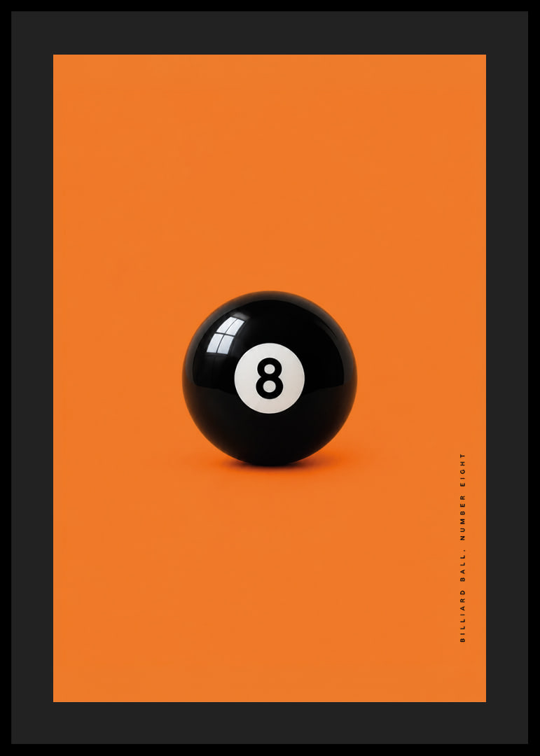A shiny black eight-ball against an intense orange background with confident energy.-12