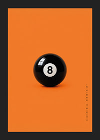 A shiny black eight-ball against an intense orange background with confident energy.-5