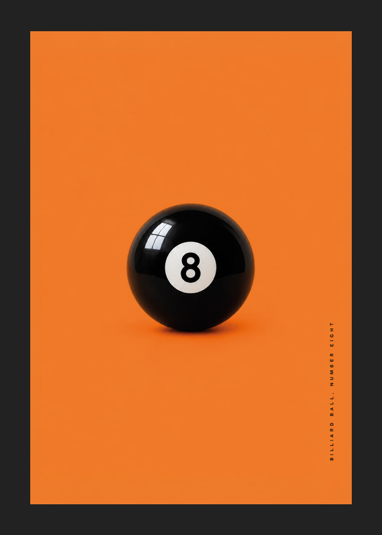 A shiny black eight-ball against an intense orange background with confident energy.-12