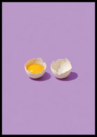 A golden egg in cracked shell against a purple background with a playful, stylish feel.-6