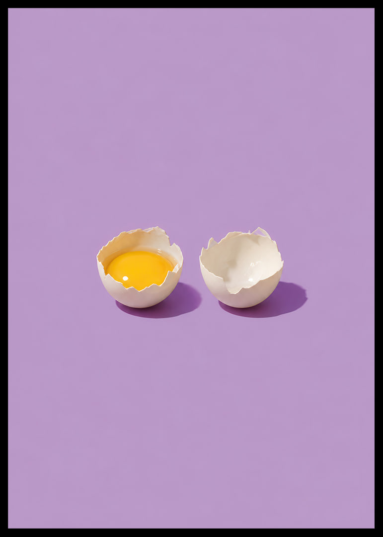 A golden egg in cracked shell against a purple background with a playful, stylish feel.-12