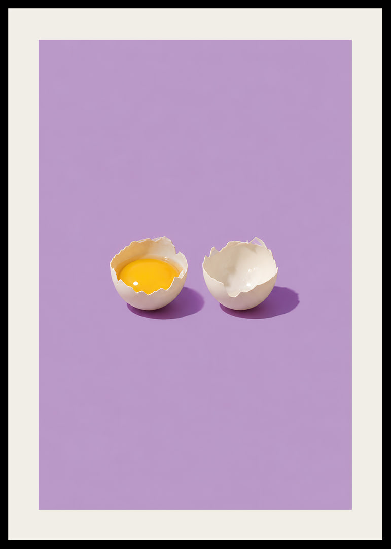 A golden egg in cracked shell against a purple background with a playful, stylish feel.-12