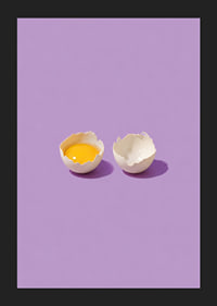 A golden egg in cracked shell against a purple background with a playful, stylish feel.-5