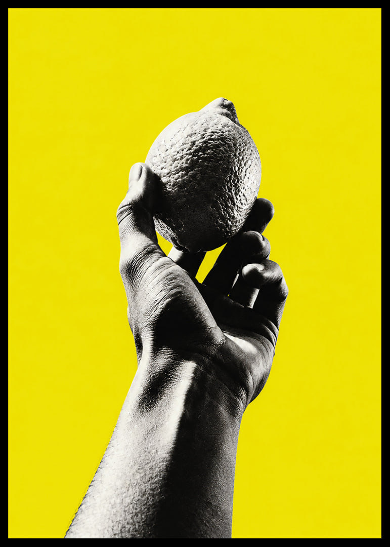 A hand lifts a lemon against an intensely yellow background with graphic energy.-12