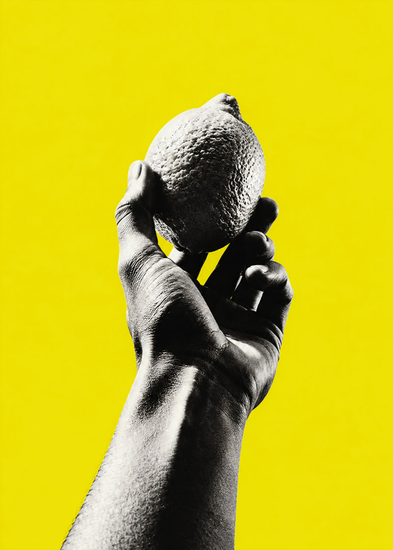 A hand lifts a lemon against an intensely yellow background with graphic energy.-12
