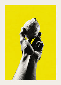 A hand lifts a lemon against an intensely yellow background with graphic energy.-3