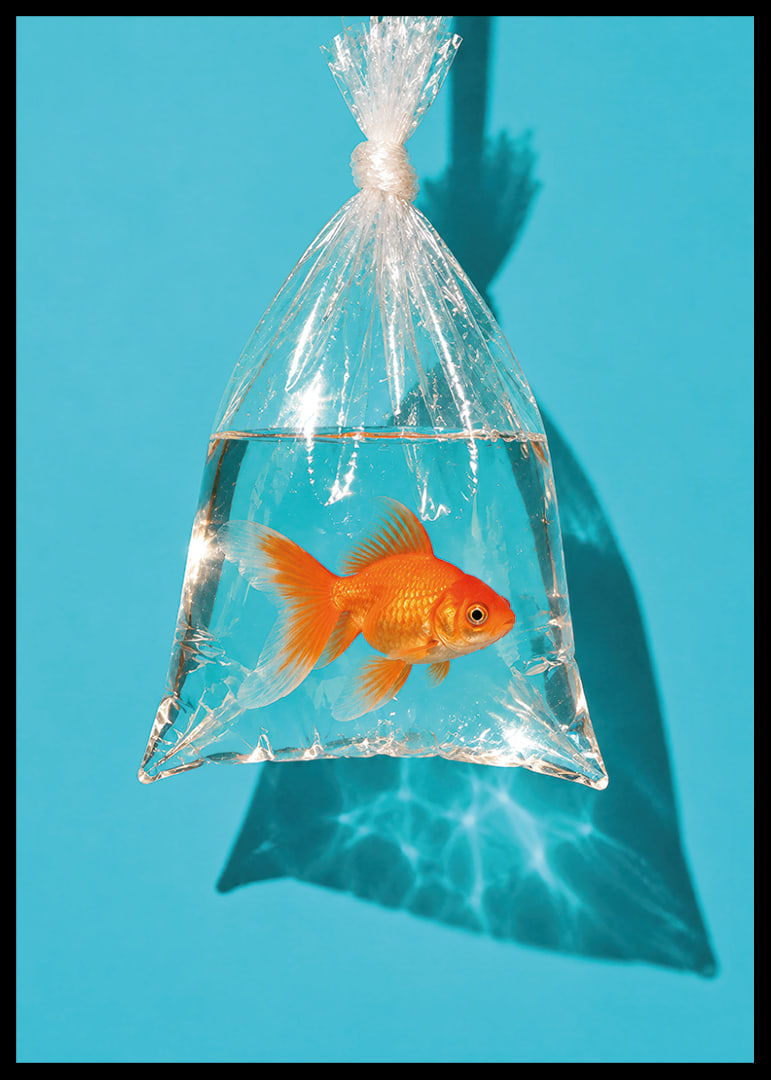A golden goldfish in a plastic bag against a turquoise background with sunny reflections.-12
