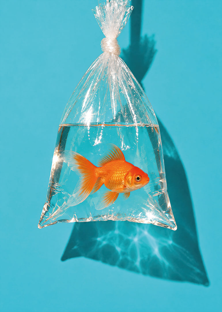A golden goldfish in a plastic bag against a turquoise background with sunny reflections.-12