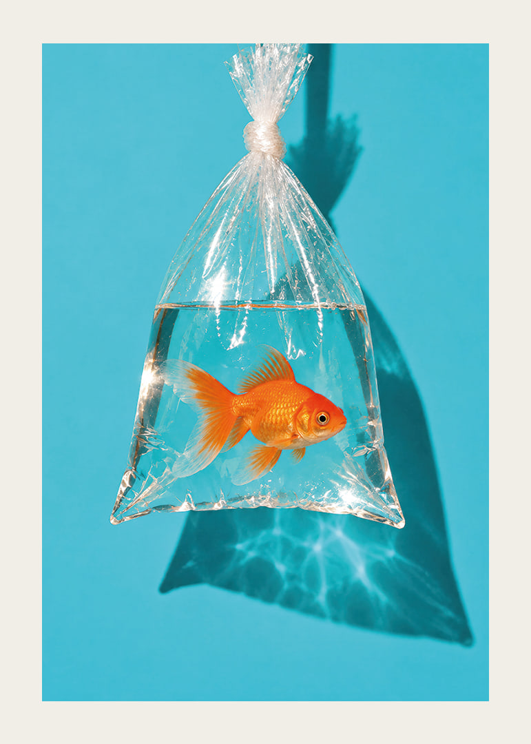 A golden goldfish in a plastic bag against a turquoise background with sunny reflections.-12