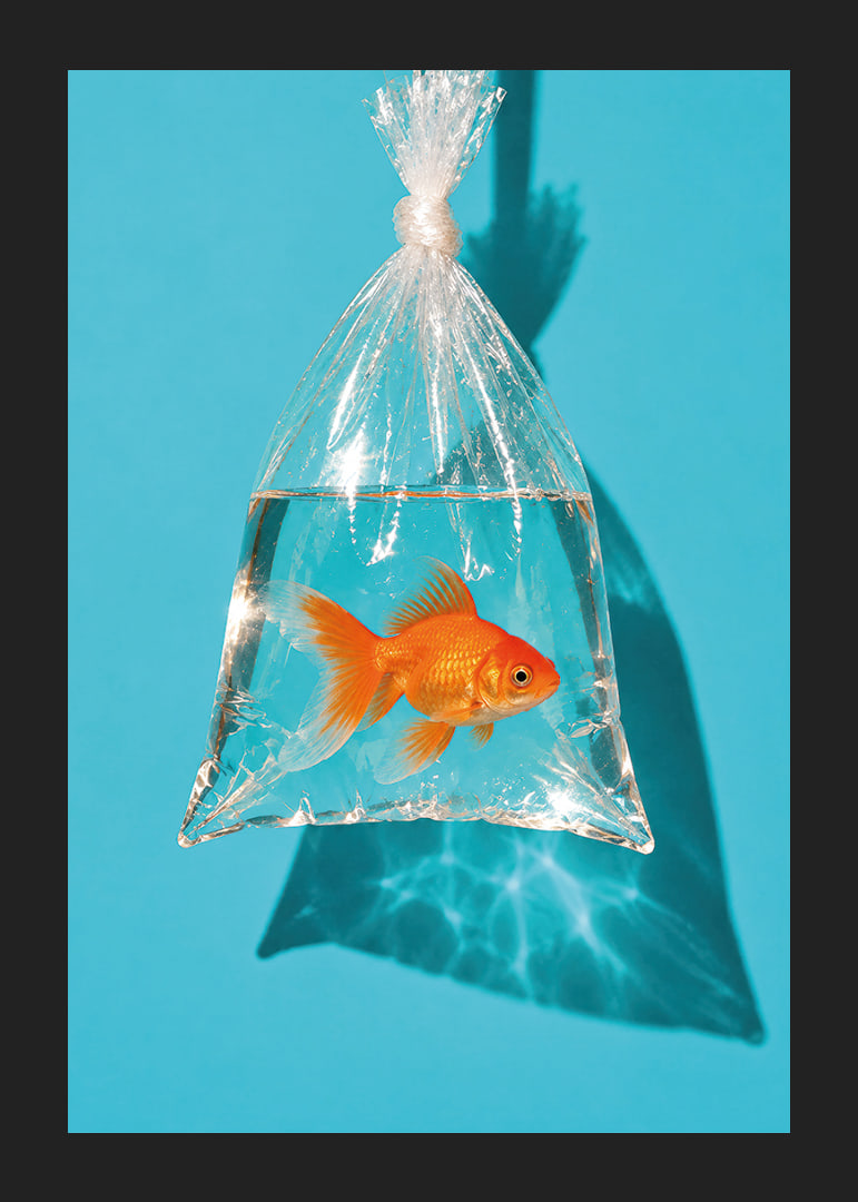 A golden goldfish in a plastic bag against a turquoise background with sunny reflections.-12