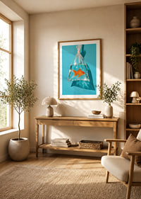 A golden goldfish in a plastic bag against a turquoise background with sunny reflections.-8