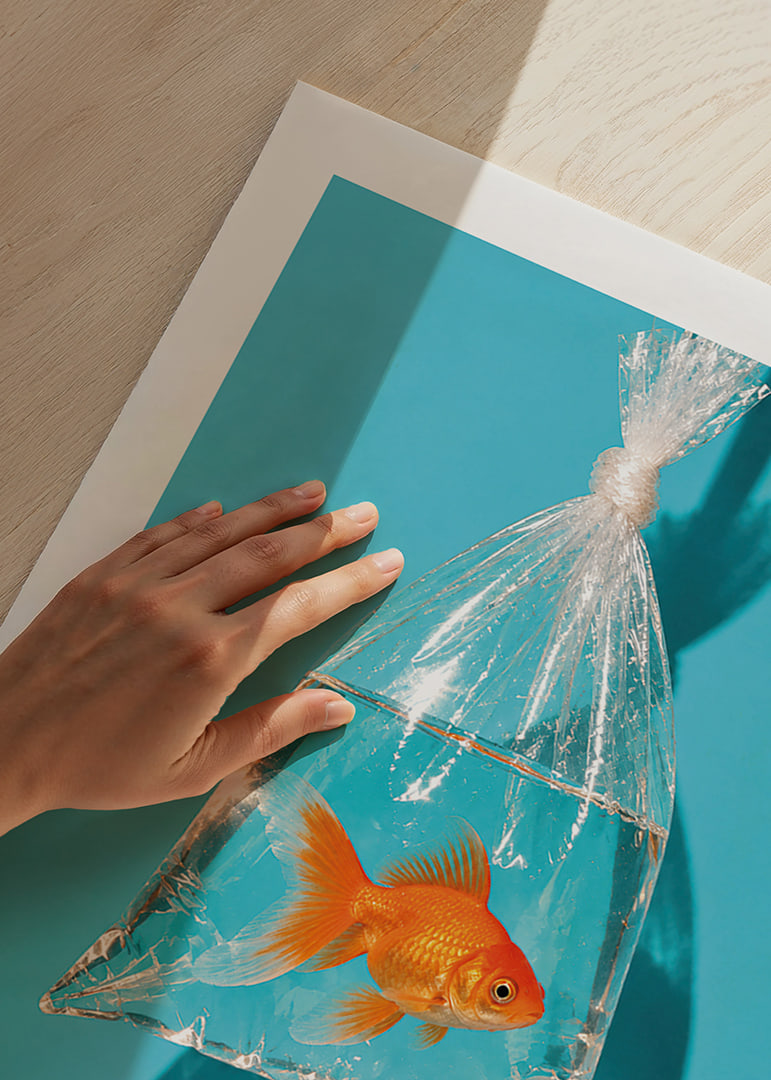 A golden goldfish in a plastic bag against a turquoise background with sunny reflections.-12