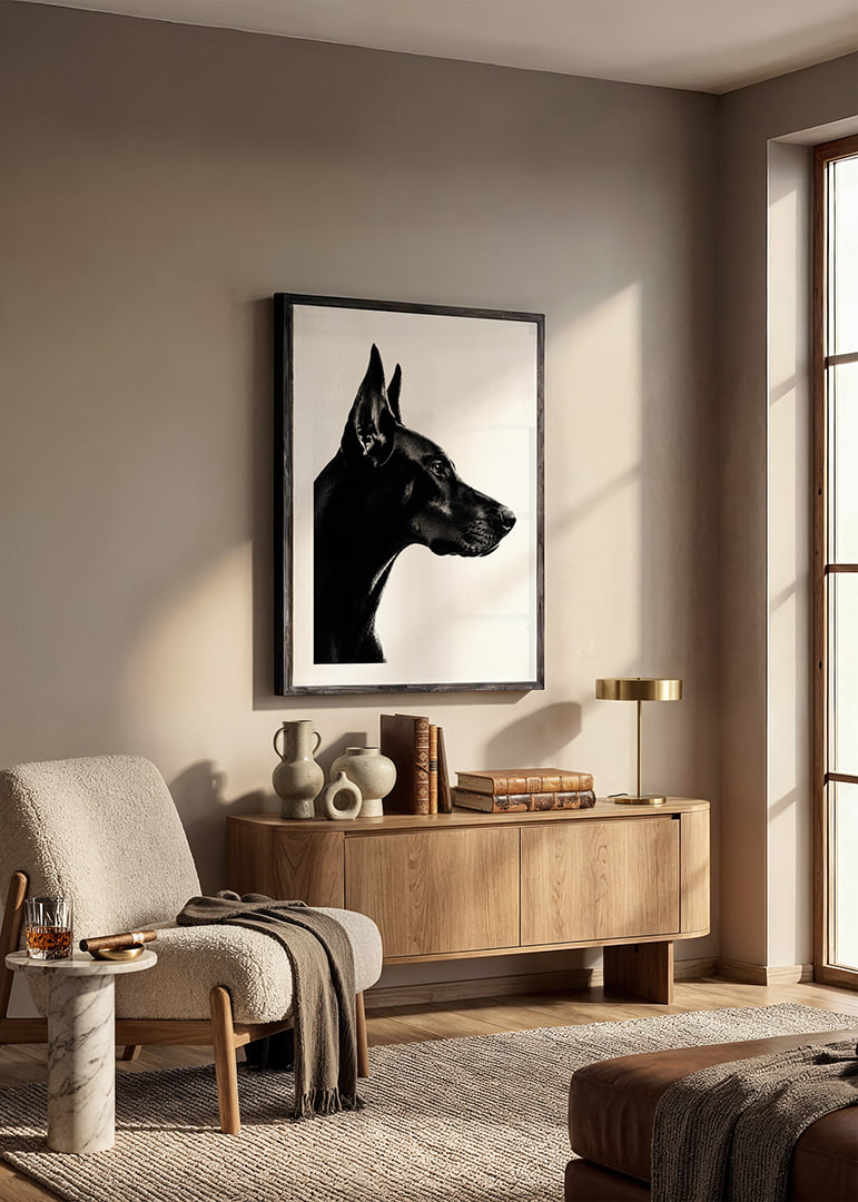 Stylish black and white poster with a proud Doberman in sharp profile.-12