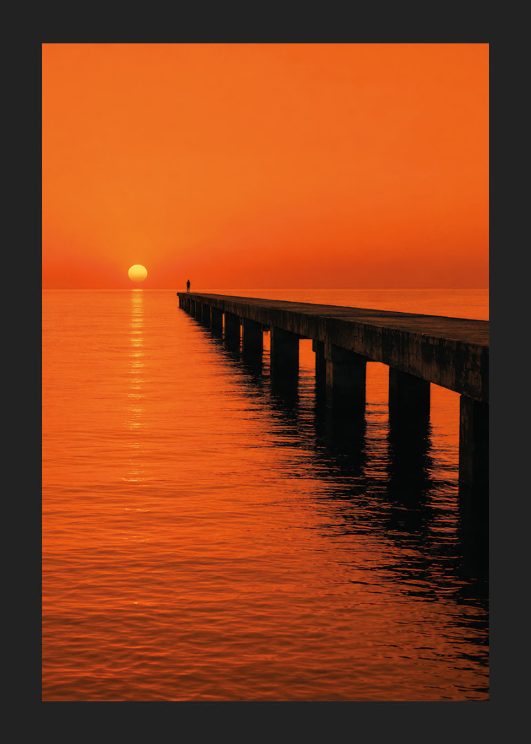 A lone person on a pier in a glowing orange sunset light.-12