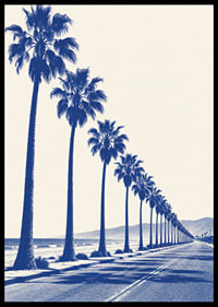 Blue-toned palm trees along a coastal road create a calm, sunny retro feel.-6