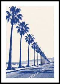 Blue-toned palm trees along a coastal road create a calm, sunny retro feel.-0