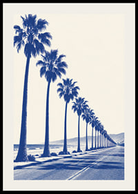 Blue-toned palm trees along a coastal road create a calm, sunny retro feel.-2