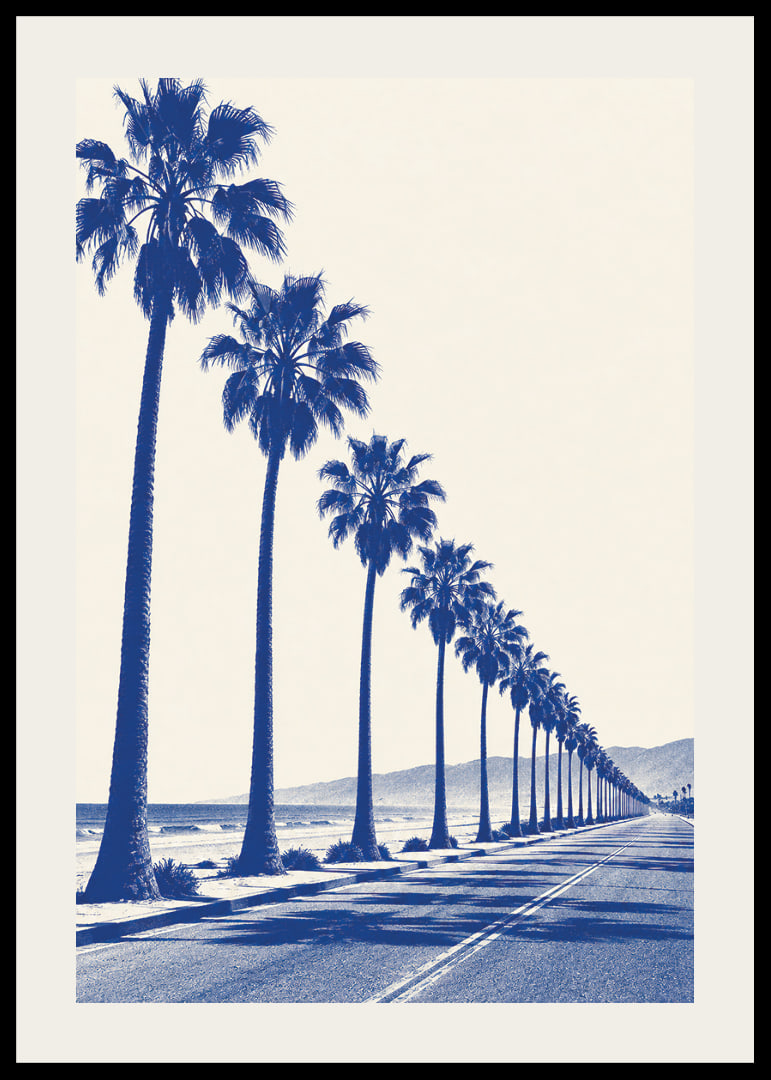 Blue-toned palm trees along a coastal road create a calm, sunny retro feel.-12