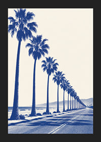 Blue-toned palm trees along a coastal road create a calm, sunny retro feel.-5