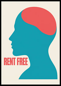 Graphic silhouette in turquoise and red with the message RENT FREE and a free feeling.-6