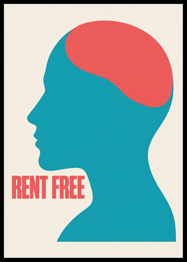 Graphic silhouette in turquoise and red with the message RENT FREE and a free feeling.-12